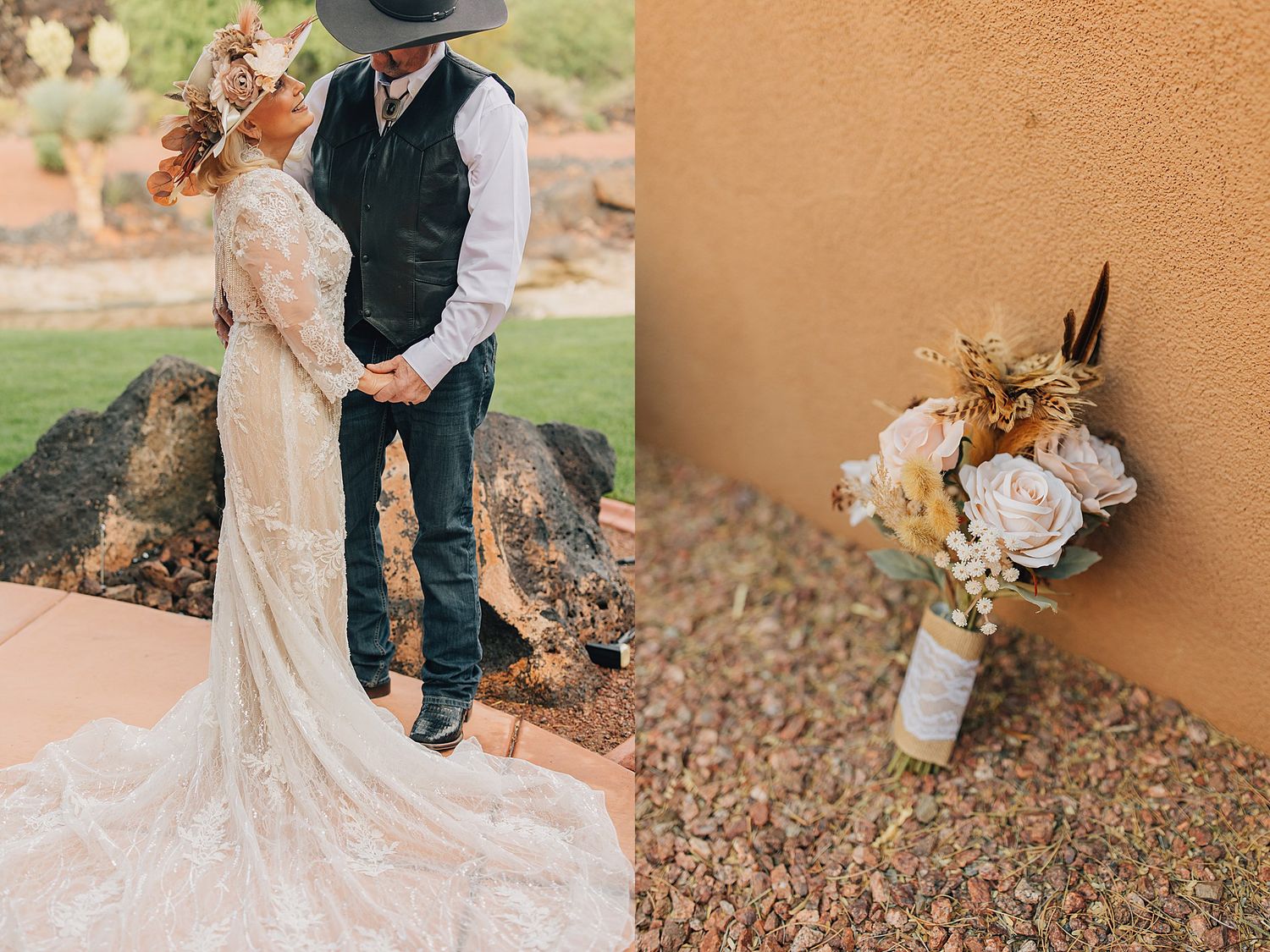 Rustic wedding couple in cowboy hat and lace gown pose outdoors beside a bouquet of blush roses and dried flowers.