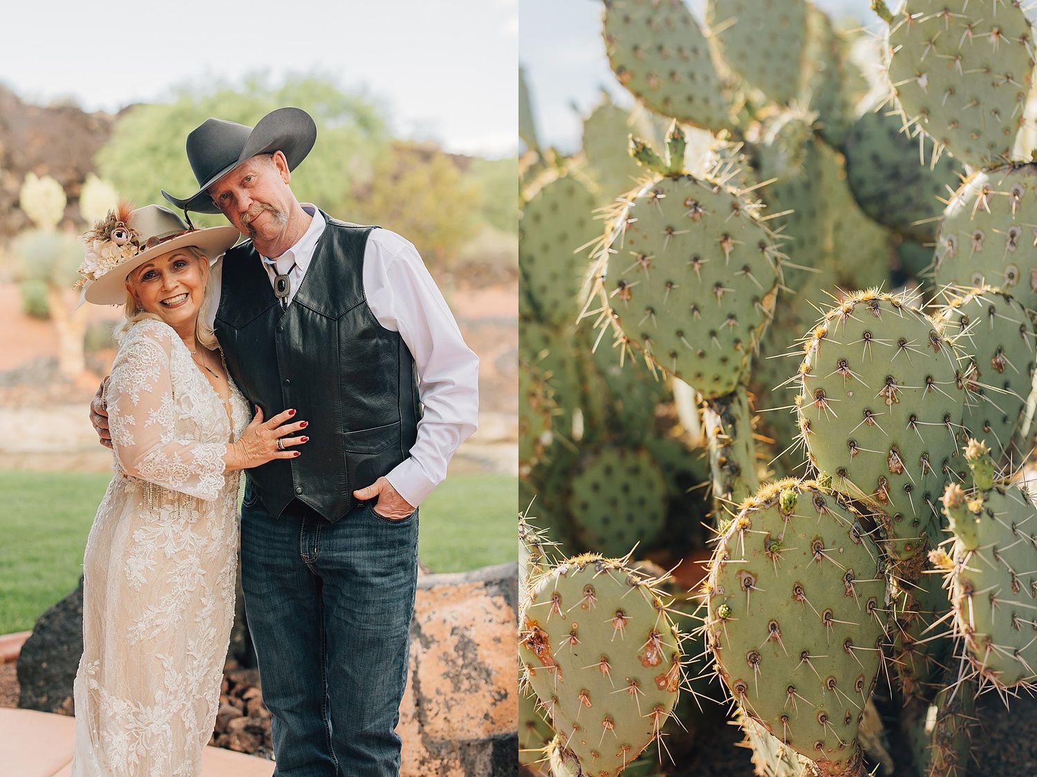 Couple in western attire posing outdoors beside a prickly pear cactus in a desert landscape.