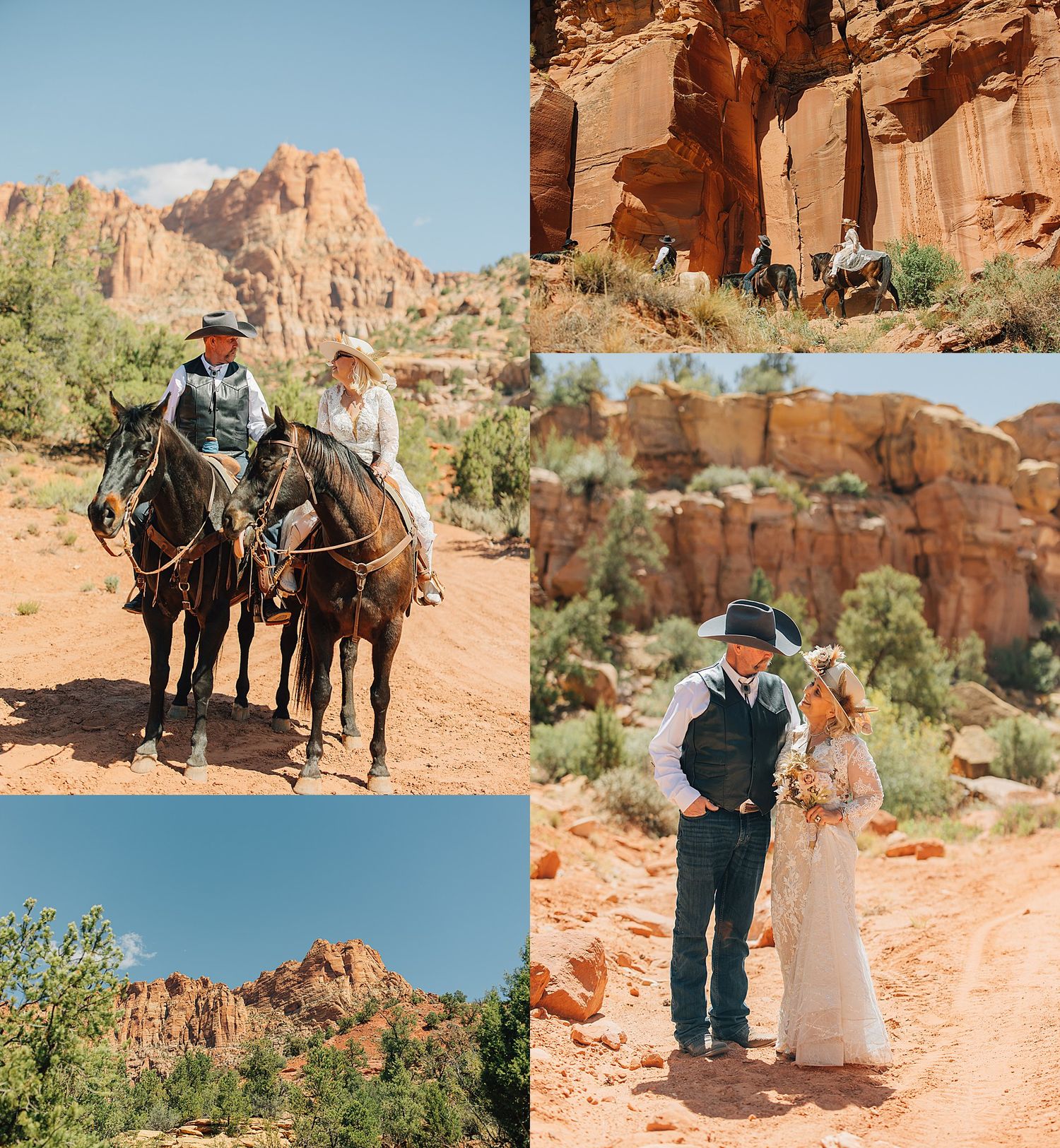 Couple in western wedding attire riding black horses through red rock canyon landscape in the desert Southwest.