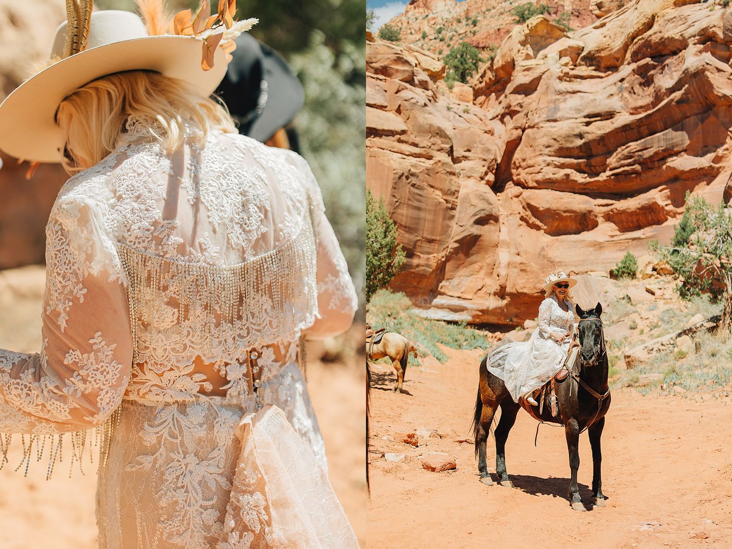 Bride in lace fringe gown and cowboy hat poses in red desert canyon, while groom on horseback waits nearby.