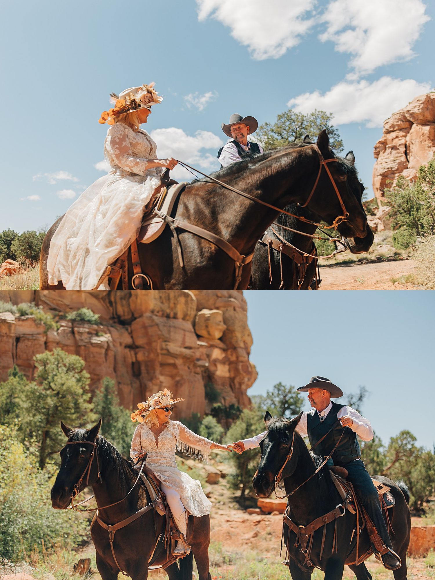 Bride and groom in western attire riding black horses through red rock canyon landscape on their wedding day.