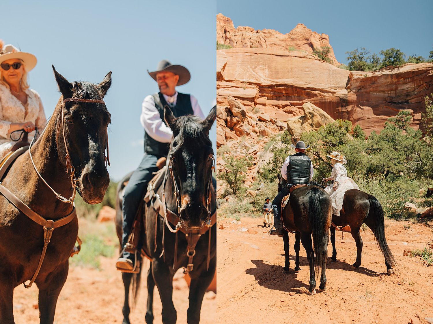 Two riders on dark horses explore a scenic red rock canyon trail in the American Southwest on a sunny day.
