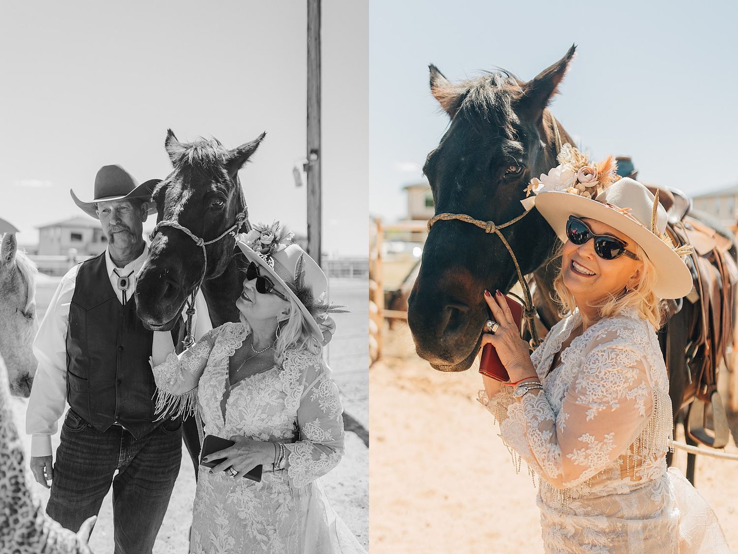 Couple and woman posing with horses at a rustic western-themed outdoor setting.