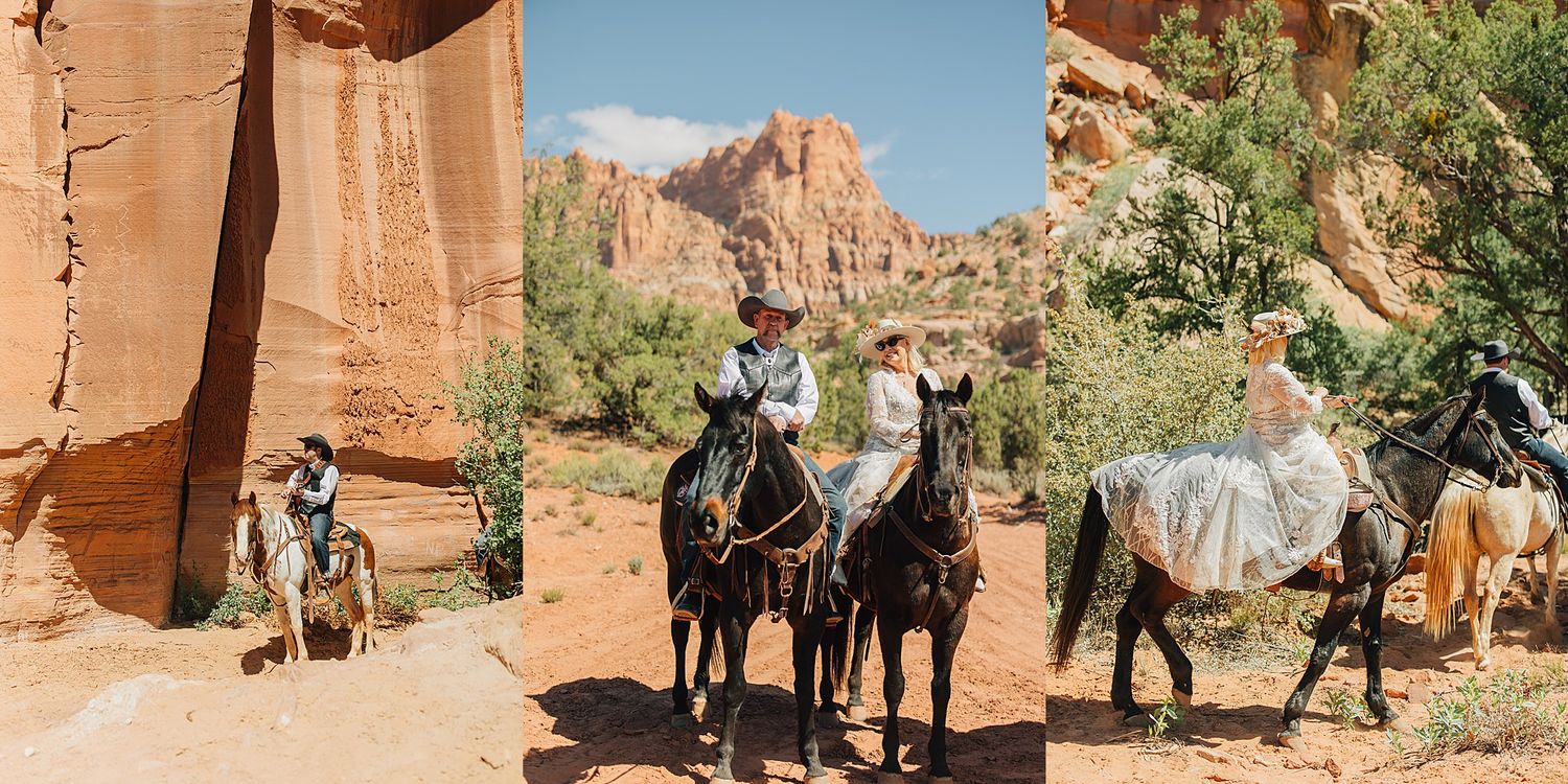 Bride and groom on horseback riding through a stunning red rock canyon landscape in the American Southwest.