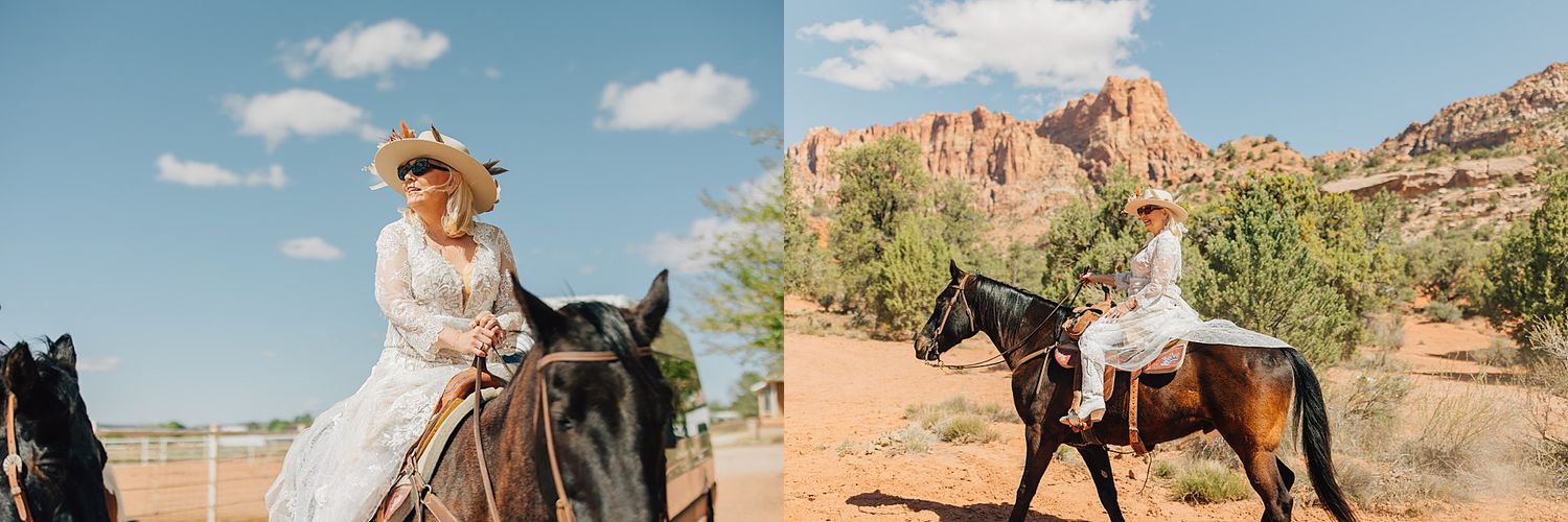Bride in white dress and hat riding a horse with red rock formations in Sedona, Arizona backdrop.
