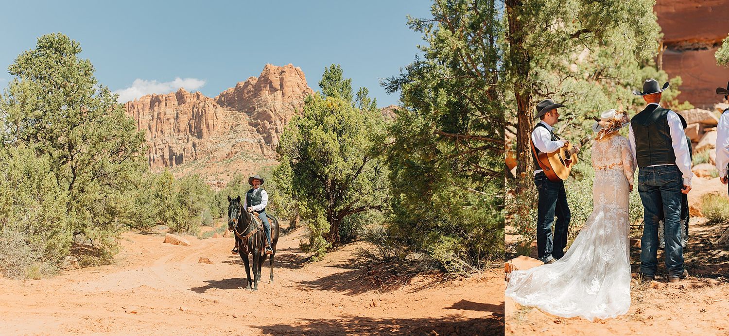 Bride and groom stand near pine trees with red rock formations in a desert landscape during an outdoor western wedding ceremony.