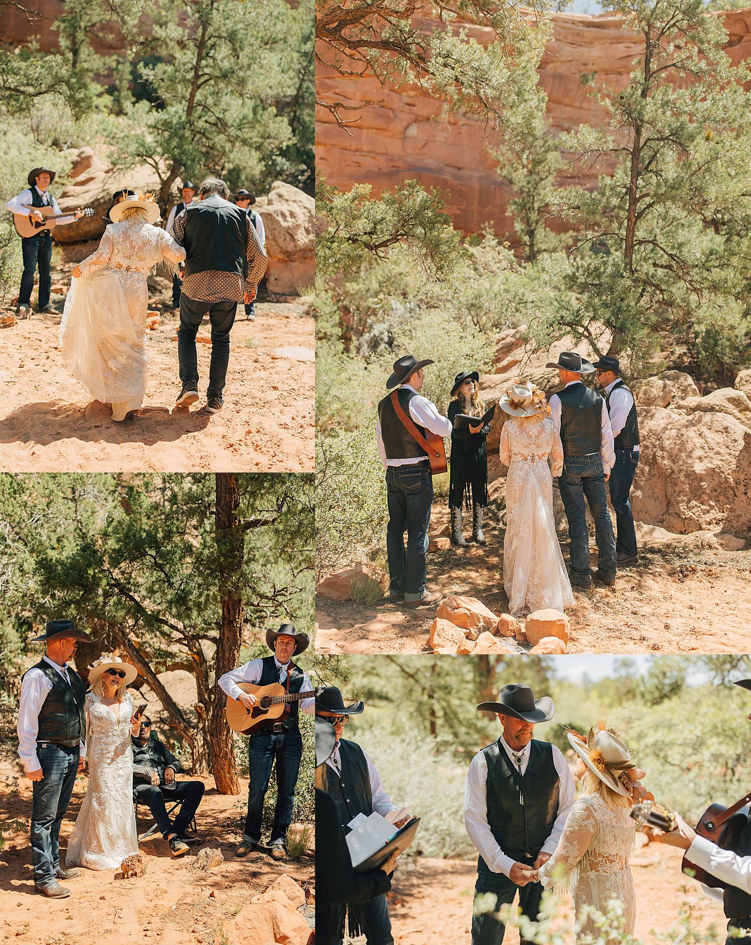 Rustic outdoor western wedding ceremony among red rock formations and pine trees in a desert landscape.