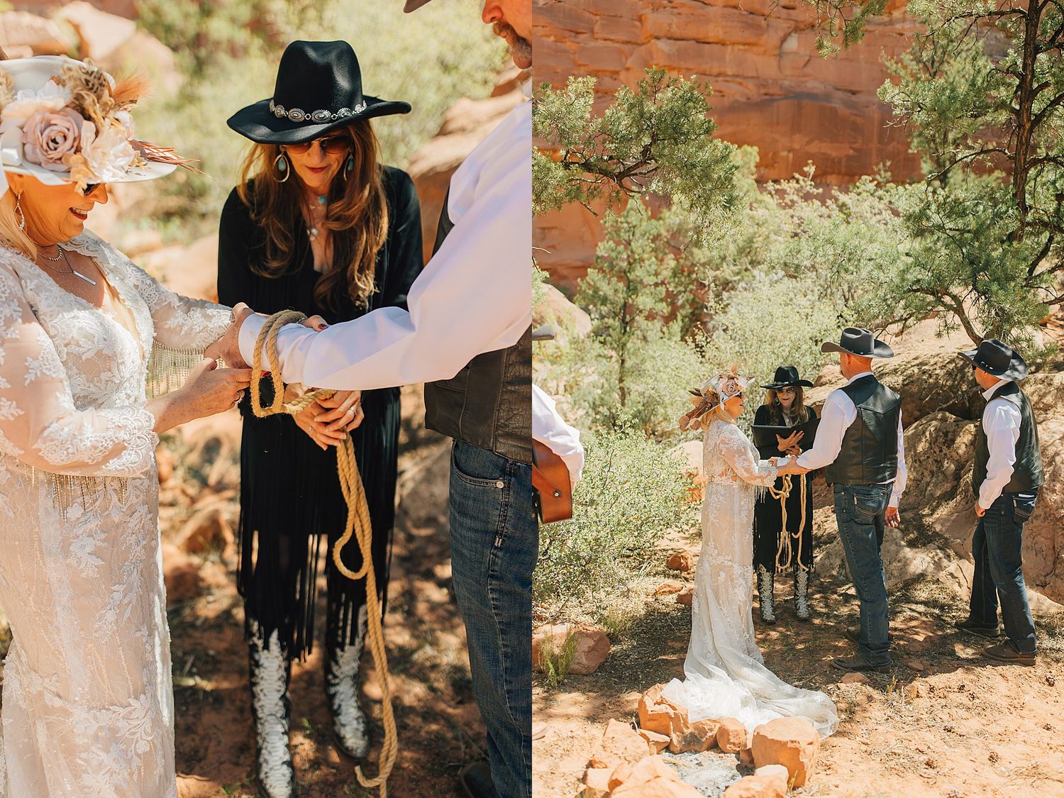 Rustic western wedding ceremony outdoors with couple in cowboy hats exchanging vows and rope handfasting ritual in red rock setting.