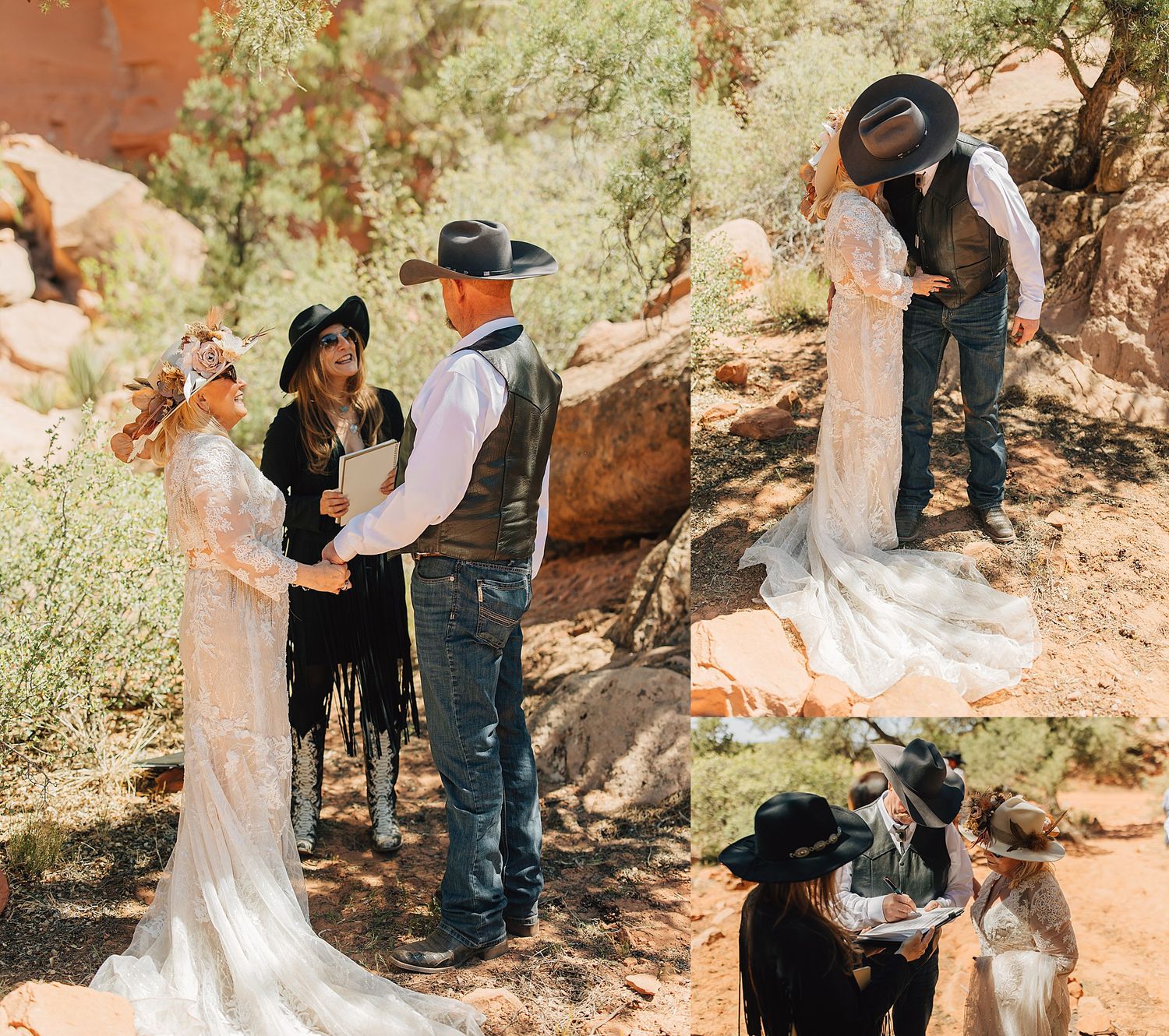 Couple in western attire exchange vows outdoors among red rocks and desert greenery in a rustic boho wedding ceremony.