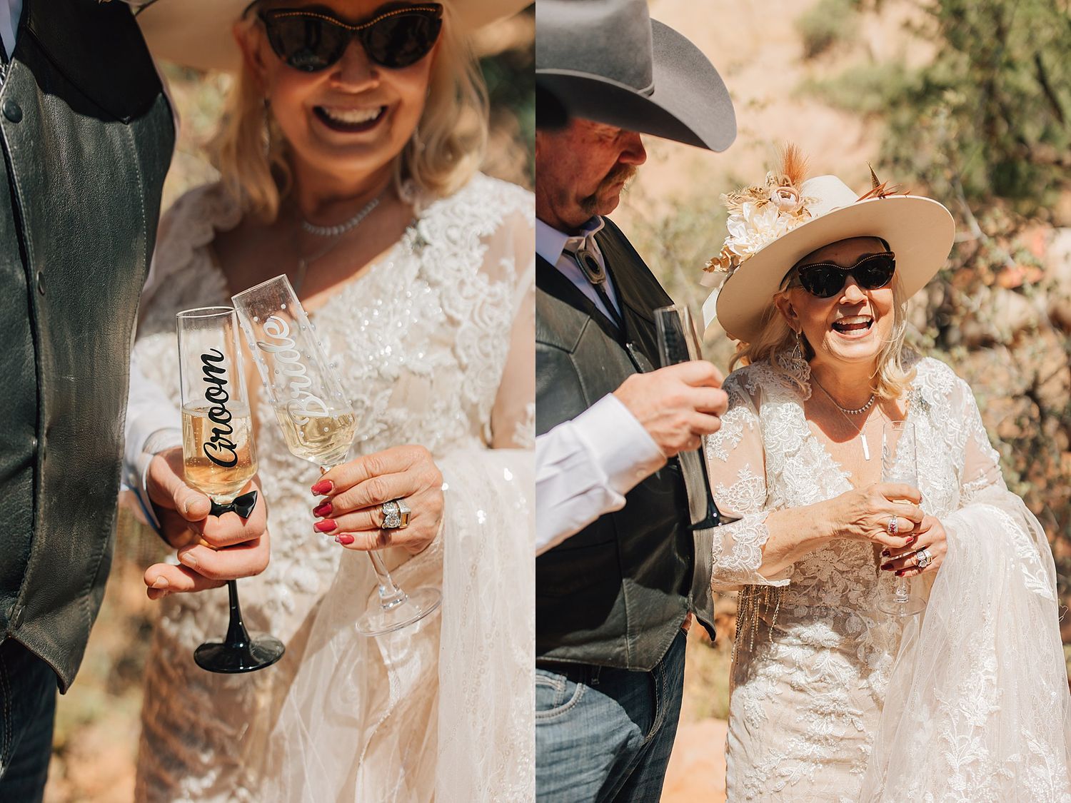 Bride in white lace dress and cowboy hat toasts with groom champagne glass at rustic outdoor wedding celebration.