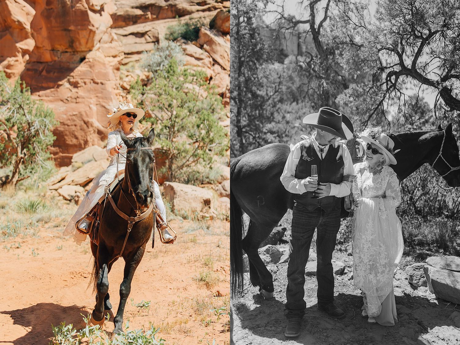 Cowboy riding a dark horse in a red rock canyon, alongside a black and white photo of a couple with a horse outdoors.