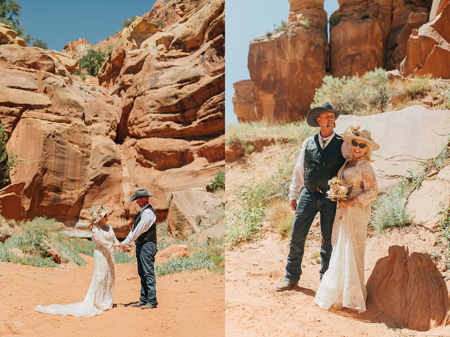 Couple elopes in red rock canyon desert, bride in white gown and groom in cowboy hat pose among sandstone formations.