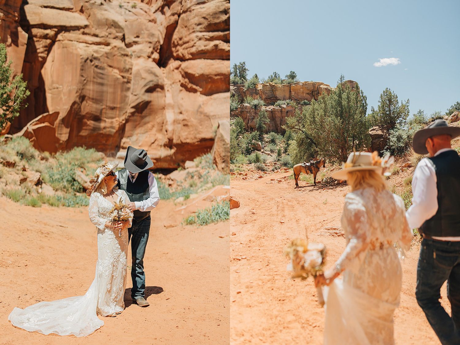 Couple in western attire exchange vows in red rock canyon landscape, bride holding wildflower bouquet.