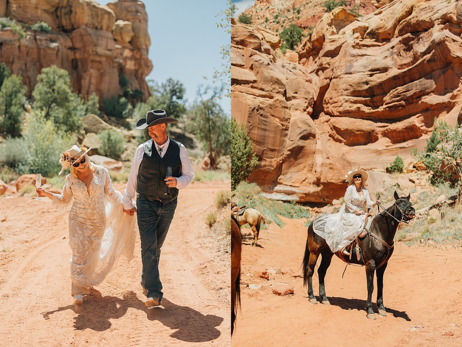 Couple in western attire walking red rock desert trail, woman on horseback beside sandstone cliffs in Sedona Arizona.