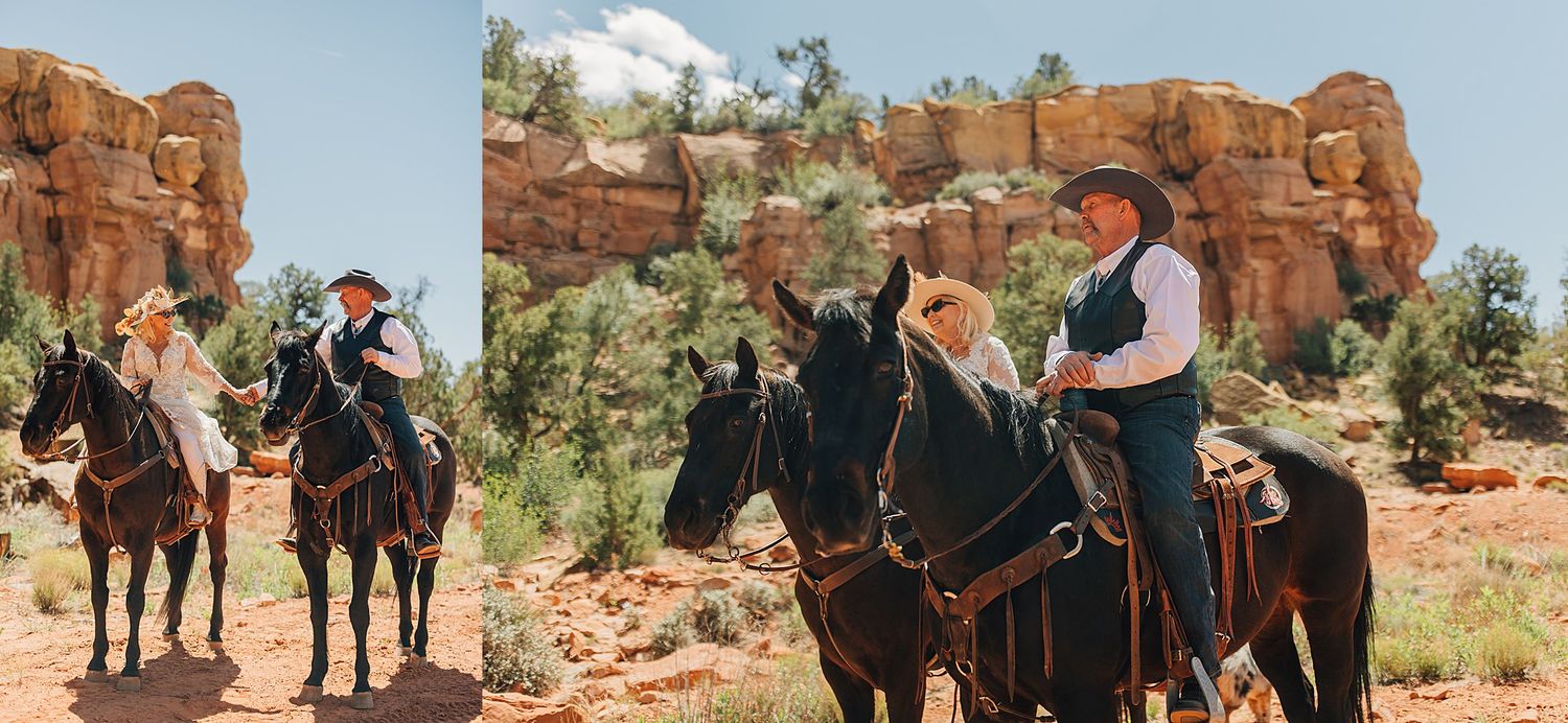Couple on horseback riding through red rock canyon landscape in western attire during a romantic desert photoshoot.