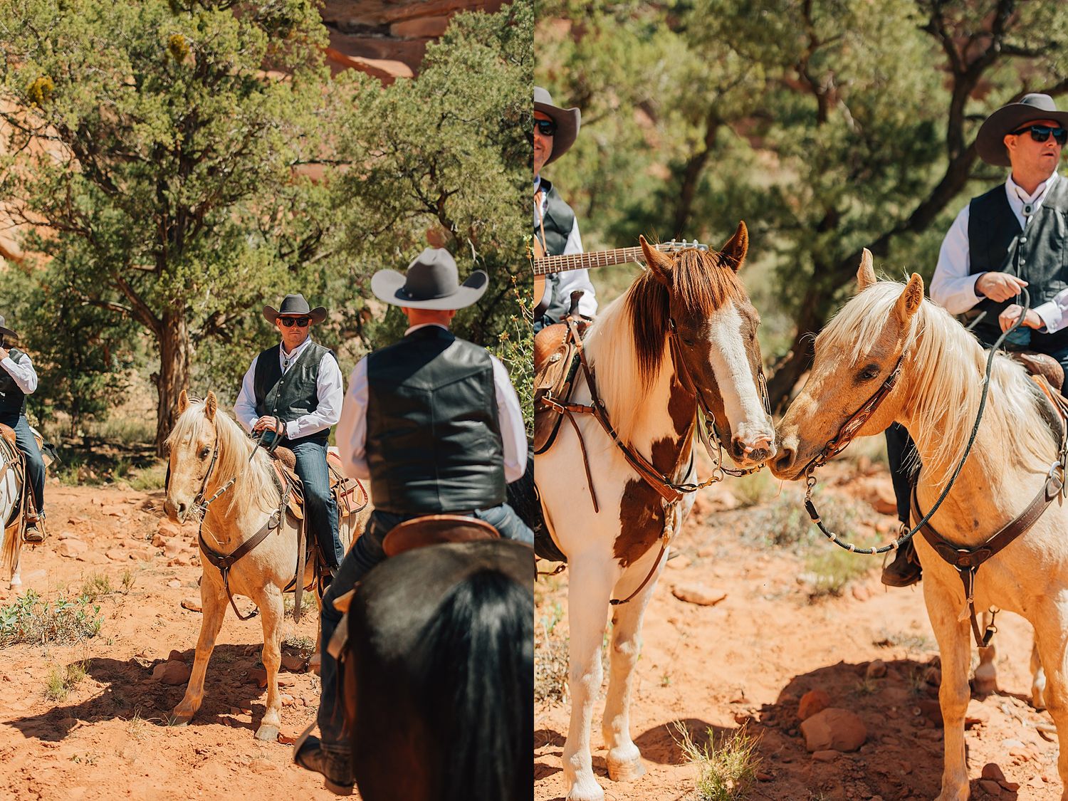 Cowboys on horseback ride through a red rock canyon landscape wearing cowboy hats in a scenic Western setting.
