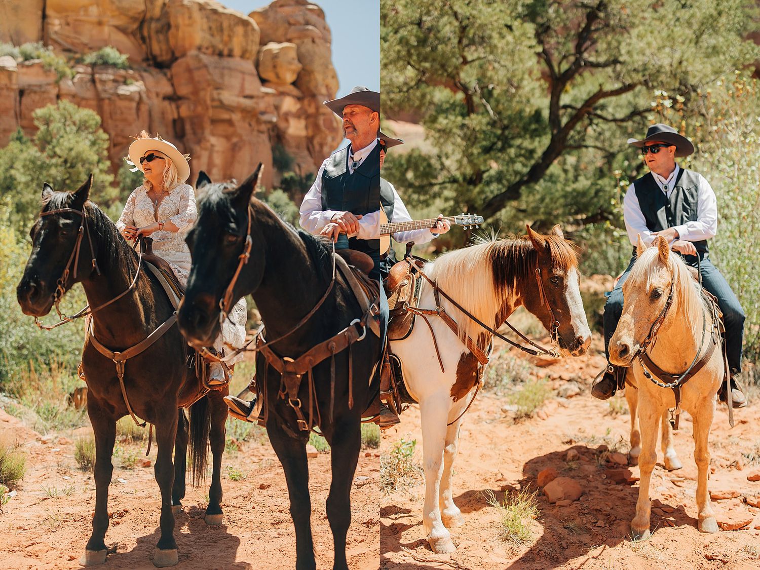 Three riders on horseback traverse a red rock canyon trail in Sedona, Arizona, wearing western attire.