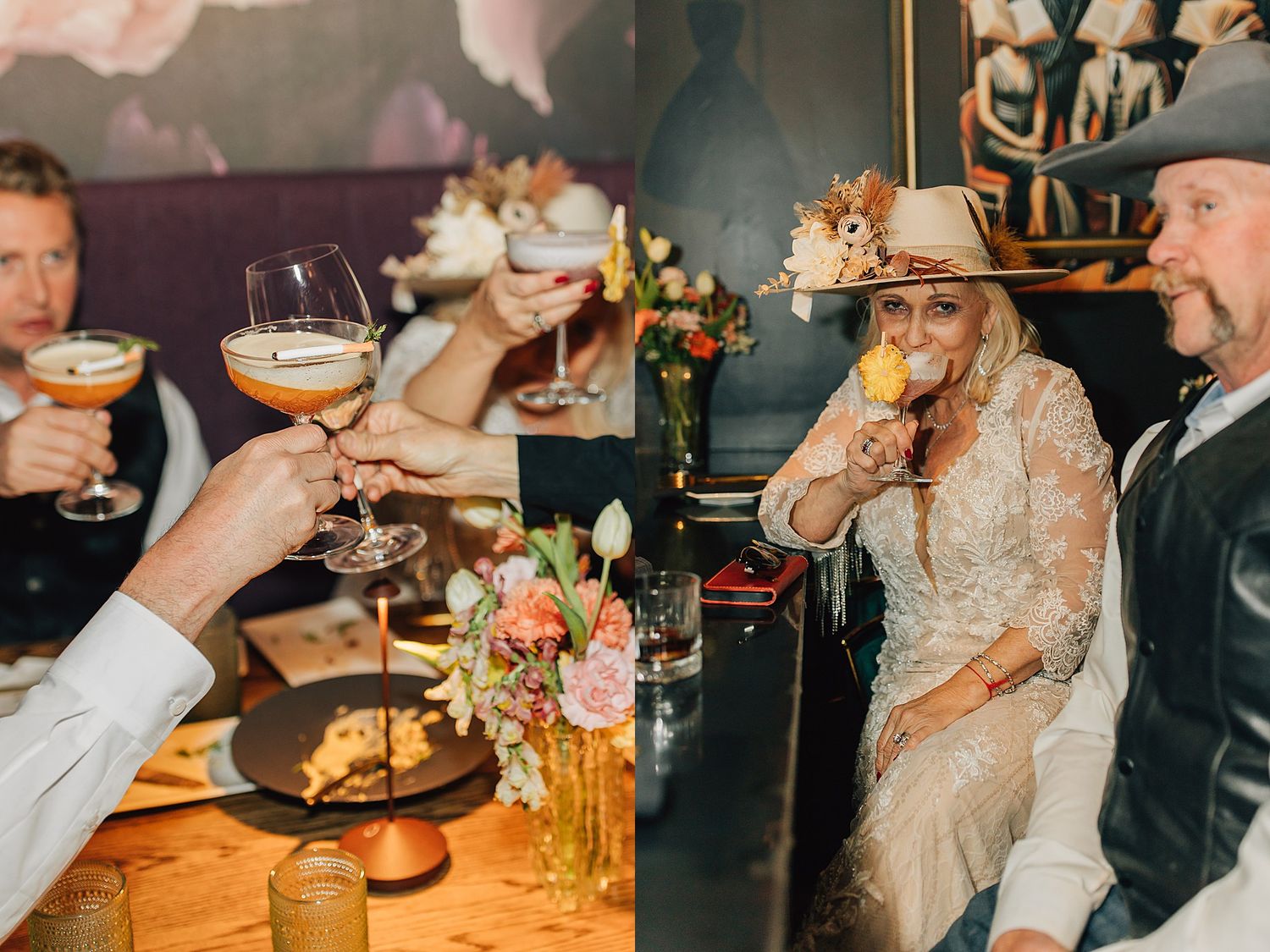 Guests toast with cocktails at an elegant western-themed wedding reception featuring floral centerpieces and cowboy hats.