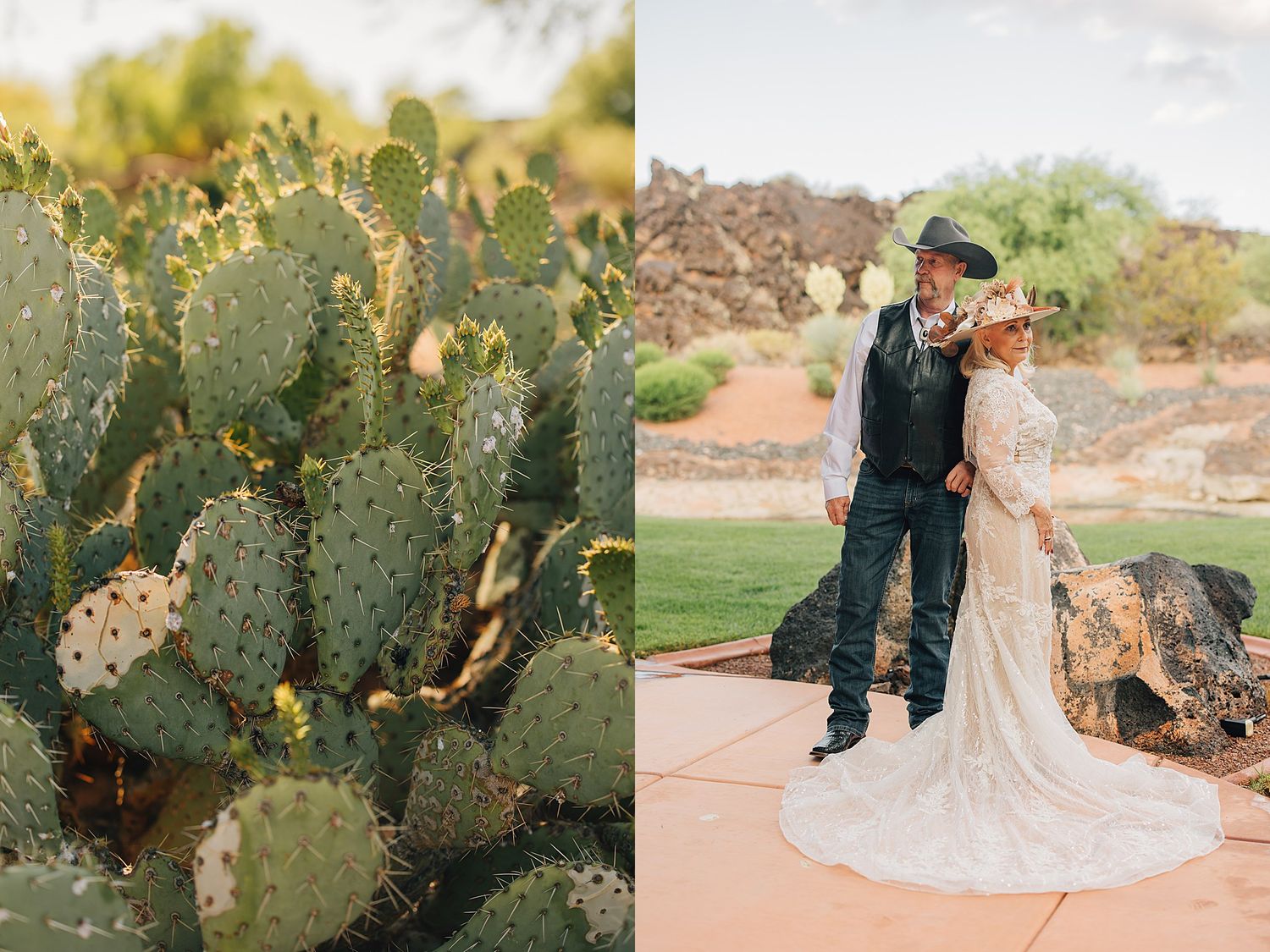 Prickly pear cactus beside a couple posing in western wedding attire in a desert garden setting.