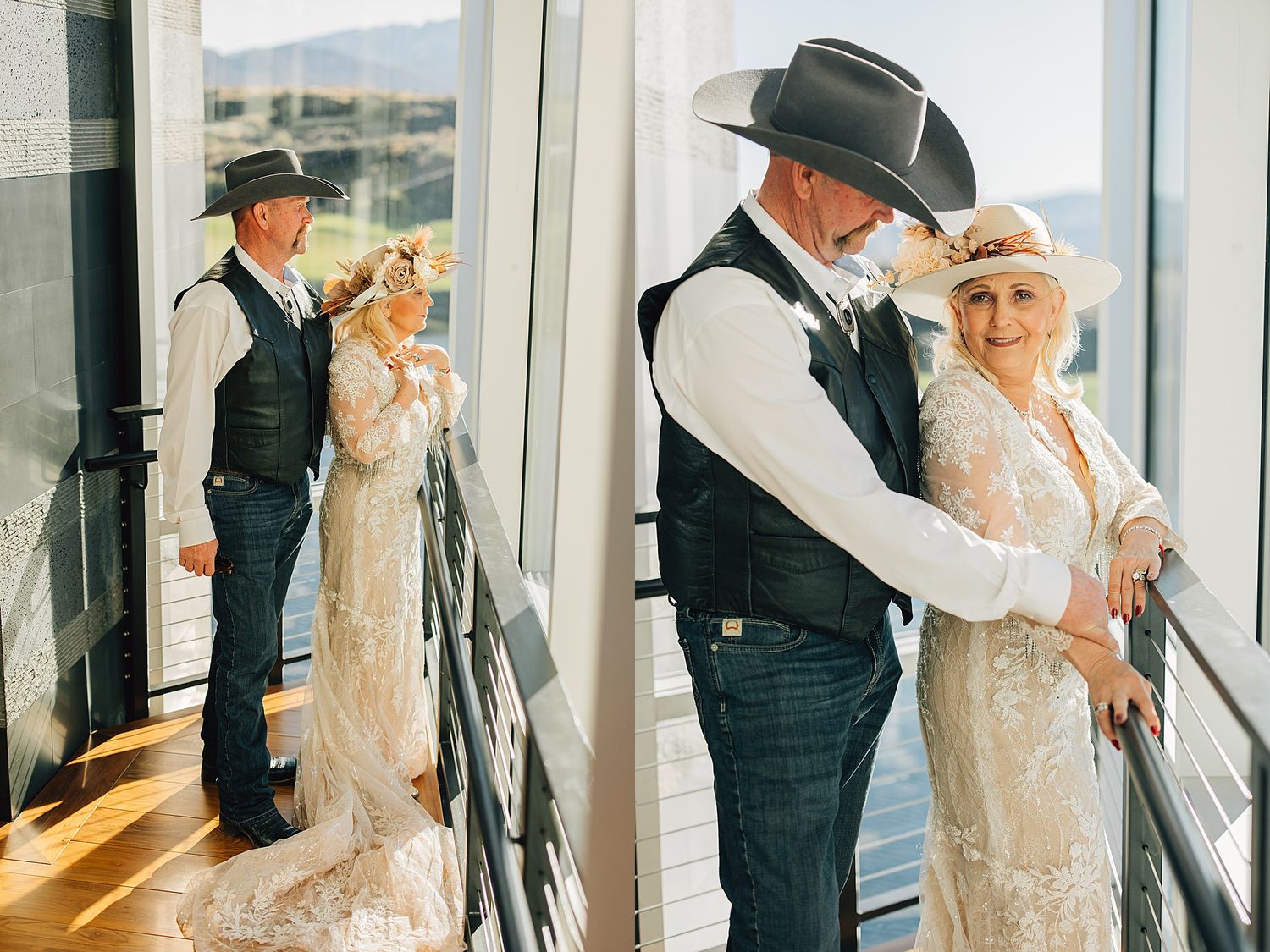Older couple in Western attire, bride in lace gown and hat, groom in vest and cowboy hat, posing on a balcony.