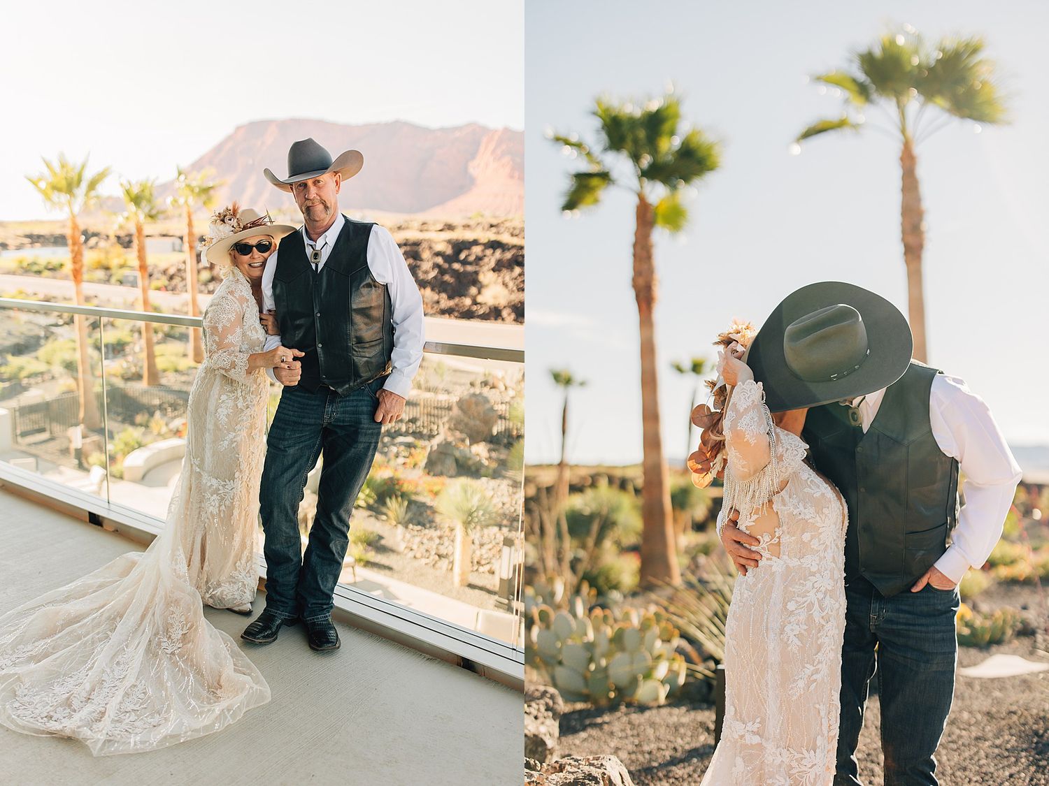 Couple in western attire, cowboy hats, and lace wedding dress pose outdoors with palm trees and desert mountains.