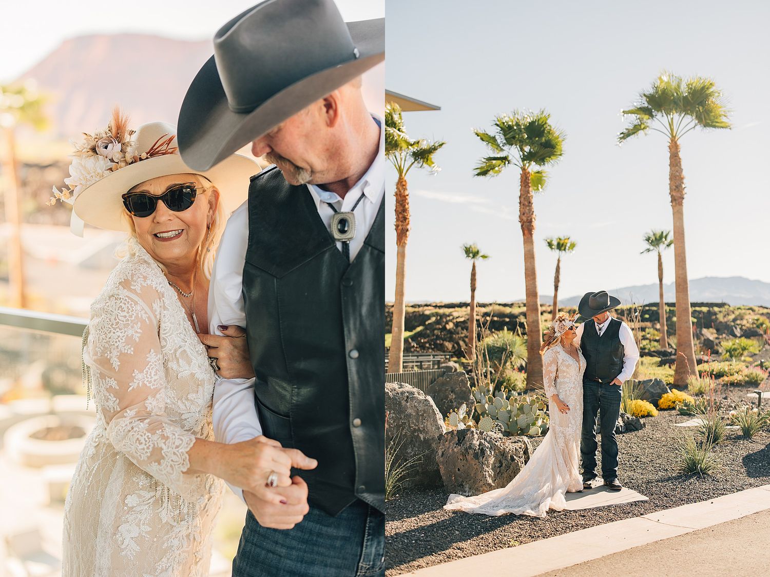 Couple in bohemian wedding attire with cowboy hats pose outdoors near palm trees in a desert landscape.
