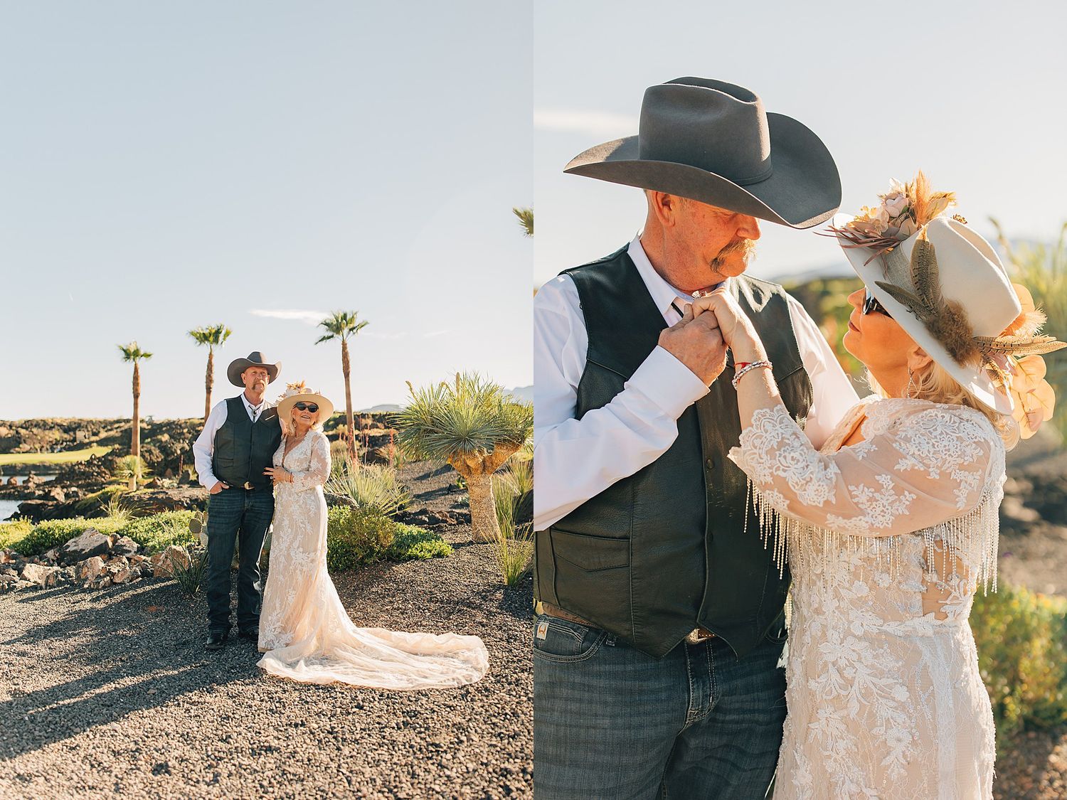 Bride and groom in western attire with cowboy hats pose outdoors in a desert landscape with palm trees.