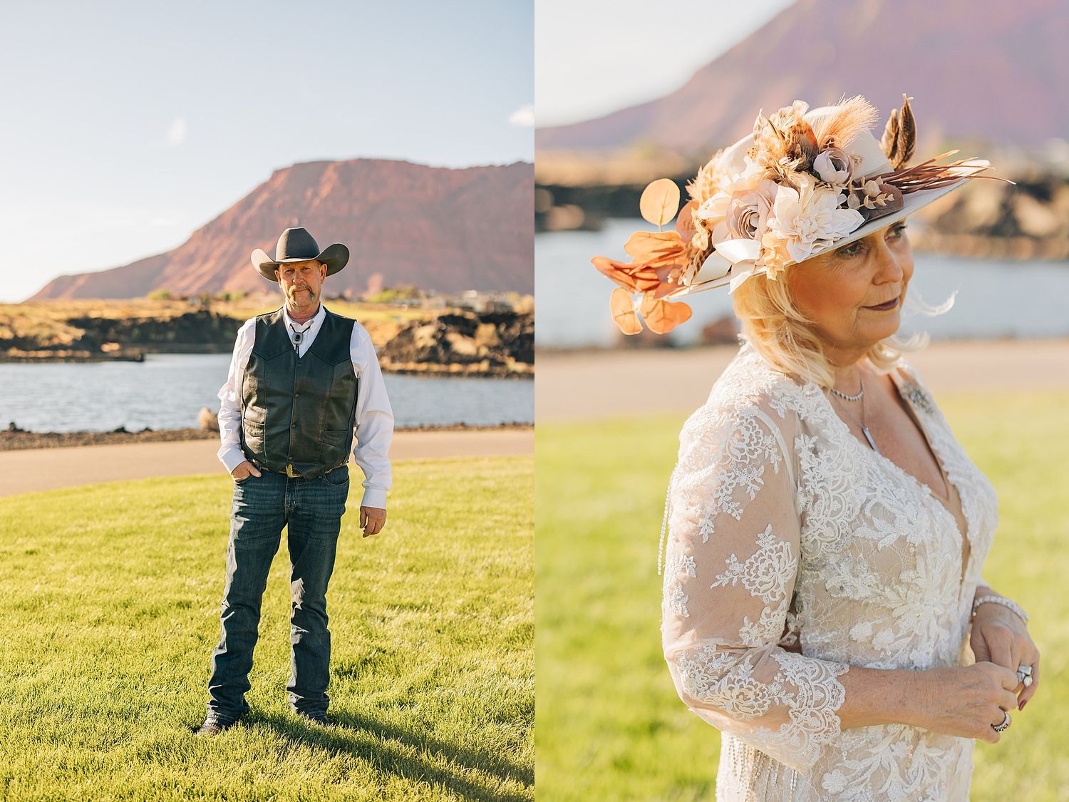 Couple in western wedding attire outdoors, man in cowboy hat and vest, woman in lace dress with floral hat, mountain backdrop.