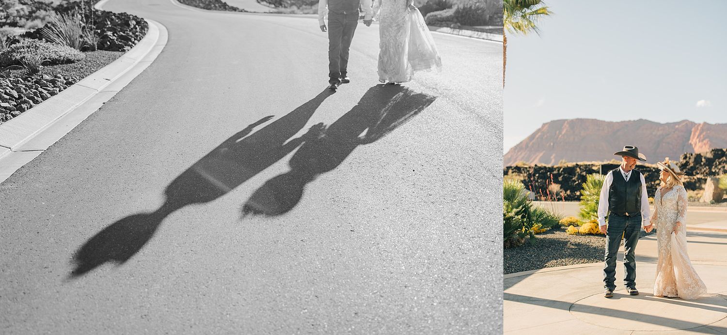 Bride and groom casting long shadows on a sunlit path, with a desert landscape wedding portrait beside it.