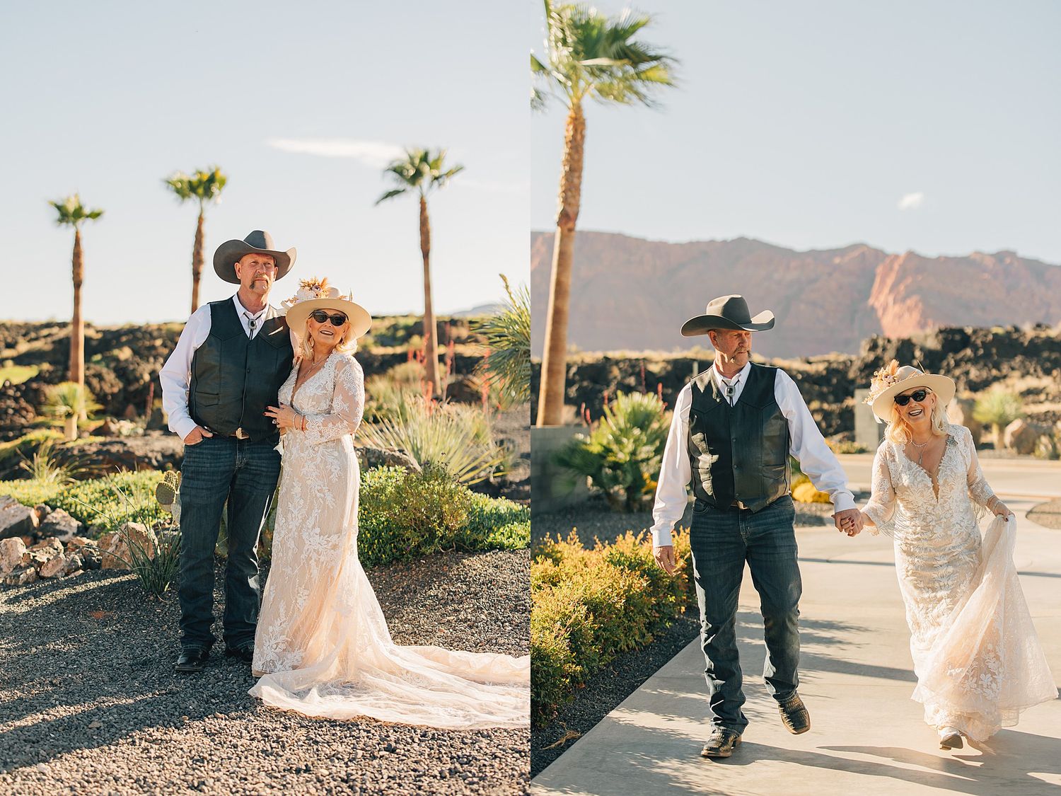 Couple in Western wedding attire pose outdoors with palm trees and mountains, bride in lace gown and groom in cowboy hat.