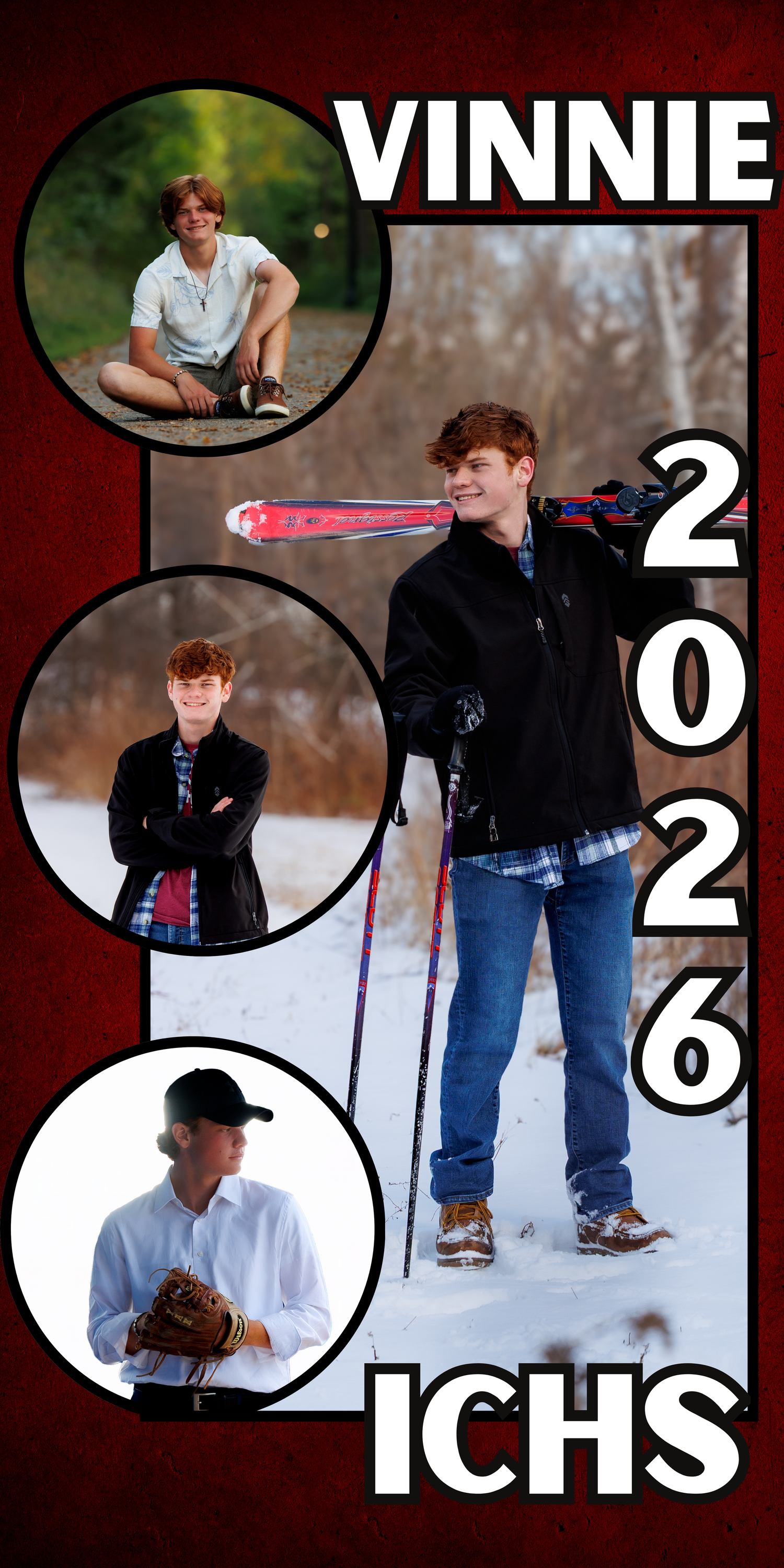 Senior portrait collage of Vinnie, Class of 2026 at ICHS, featuring skiing, baseball, and outdoor poses.