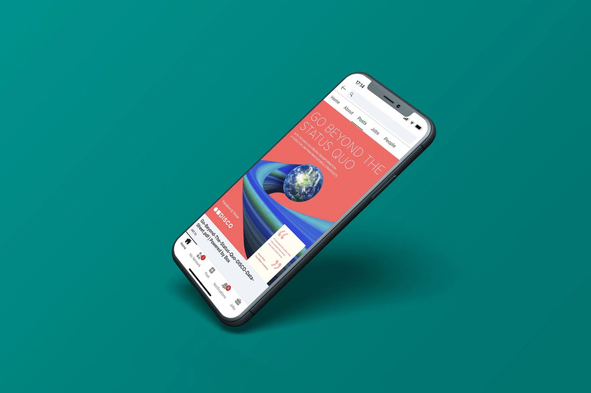 A smartphone displaying a colorful website with red and blue design elements, tilted at an angle on a teal background.