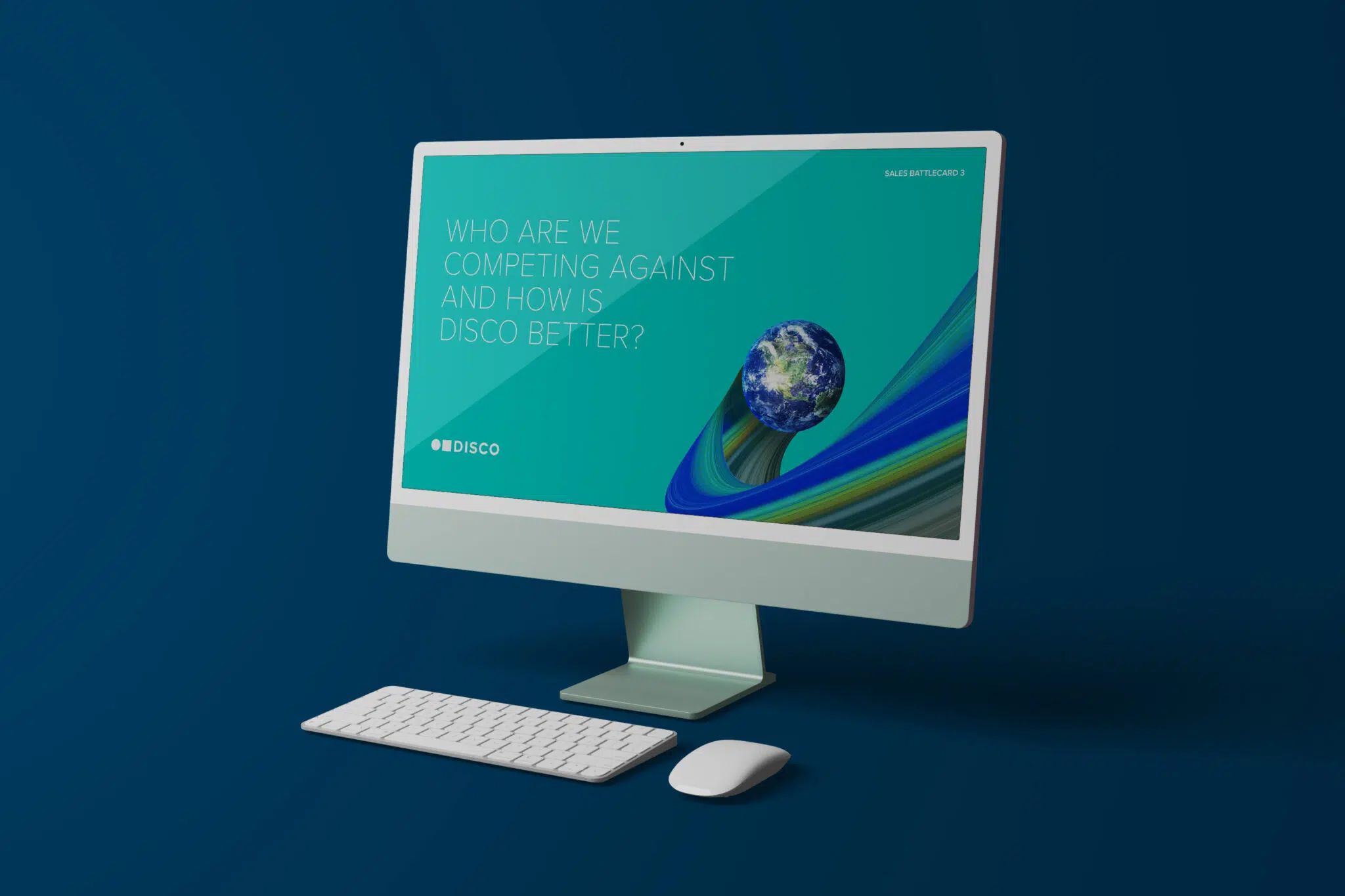 A modern iMac desktop computer displaying a teal website with a globe graphic and bold white text on a blue background.