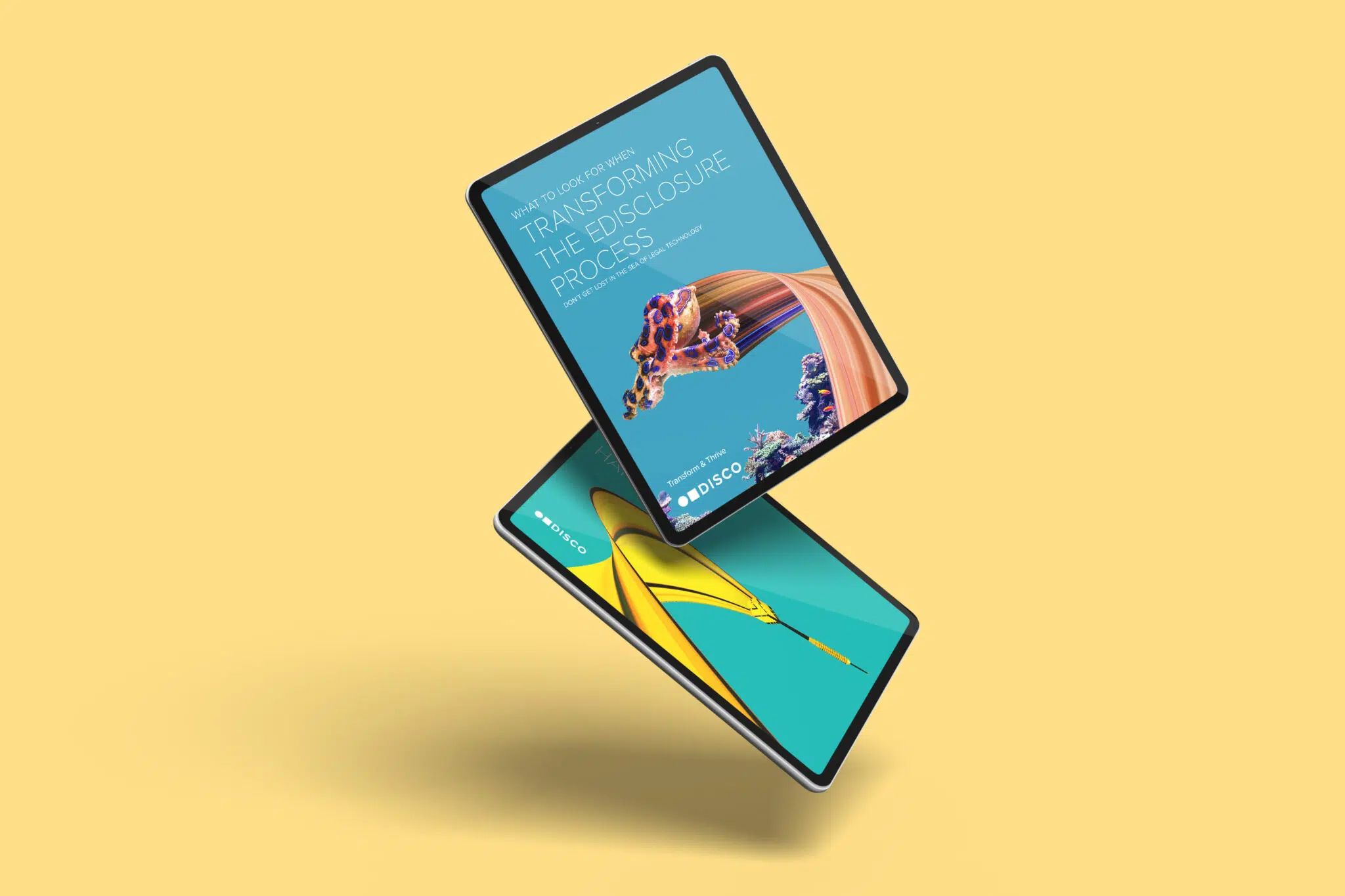 Two floating tablets displaying colorful digital content on a bright yellow background.