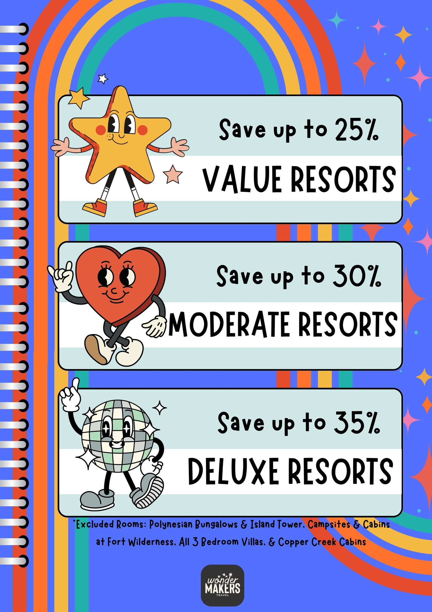 Cartoon animation showing Disney resort savings tiers with star and disco ball mascots.