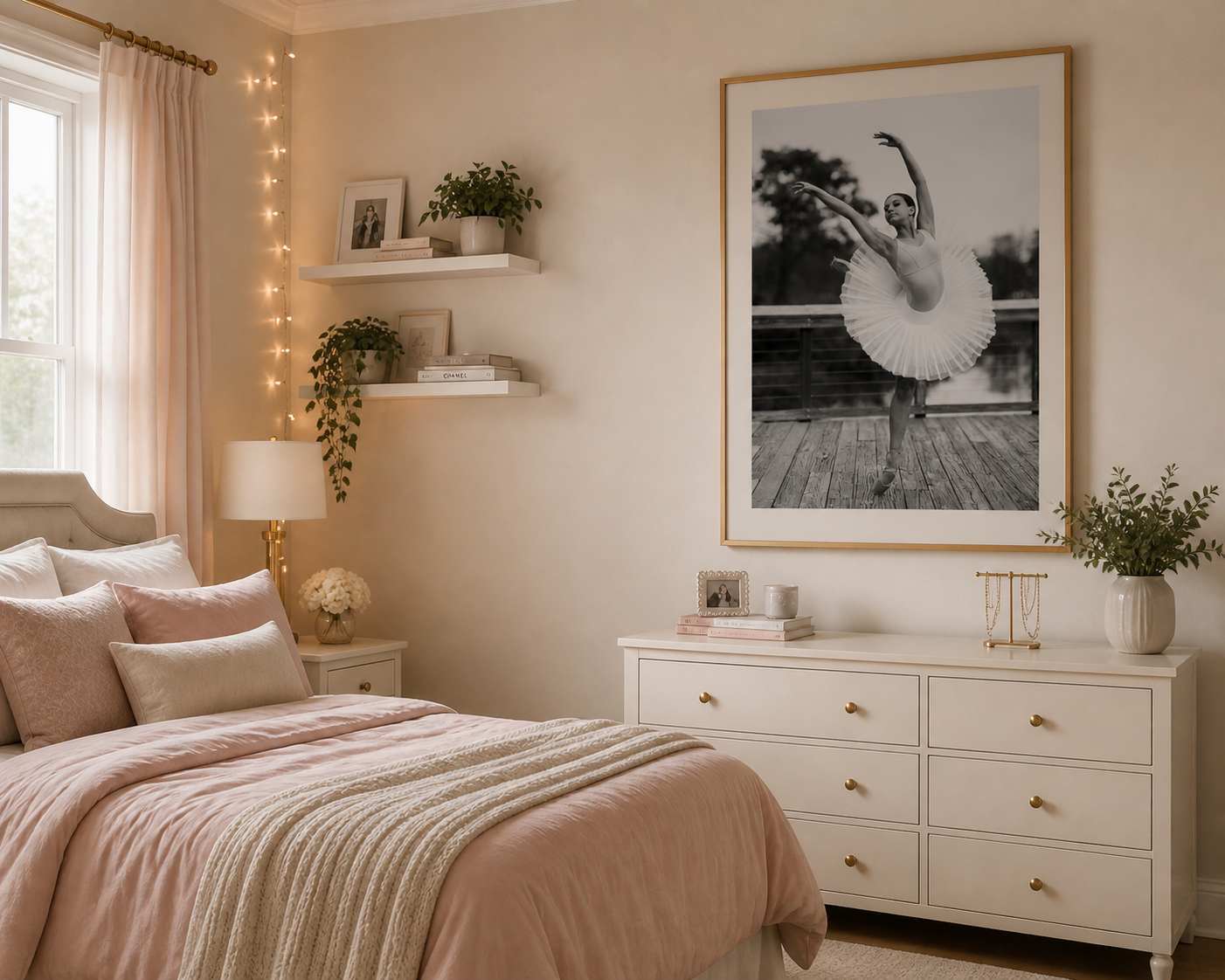 Cozy pink bedroom with fairy lights, ballerina wall art, white dresser, and soft bedding in a warm, elegant decor style in Port Royal, SC.