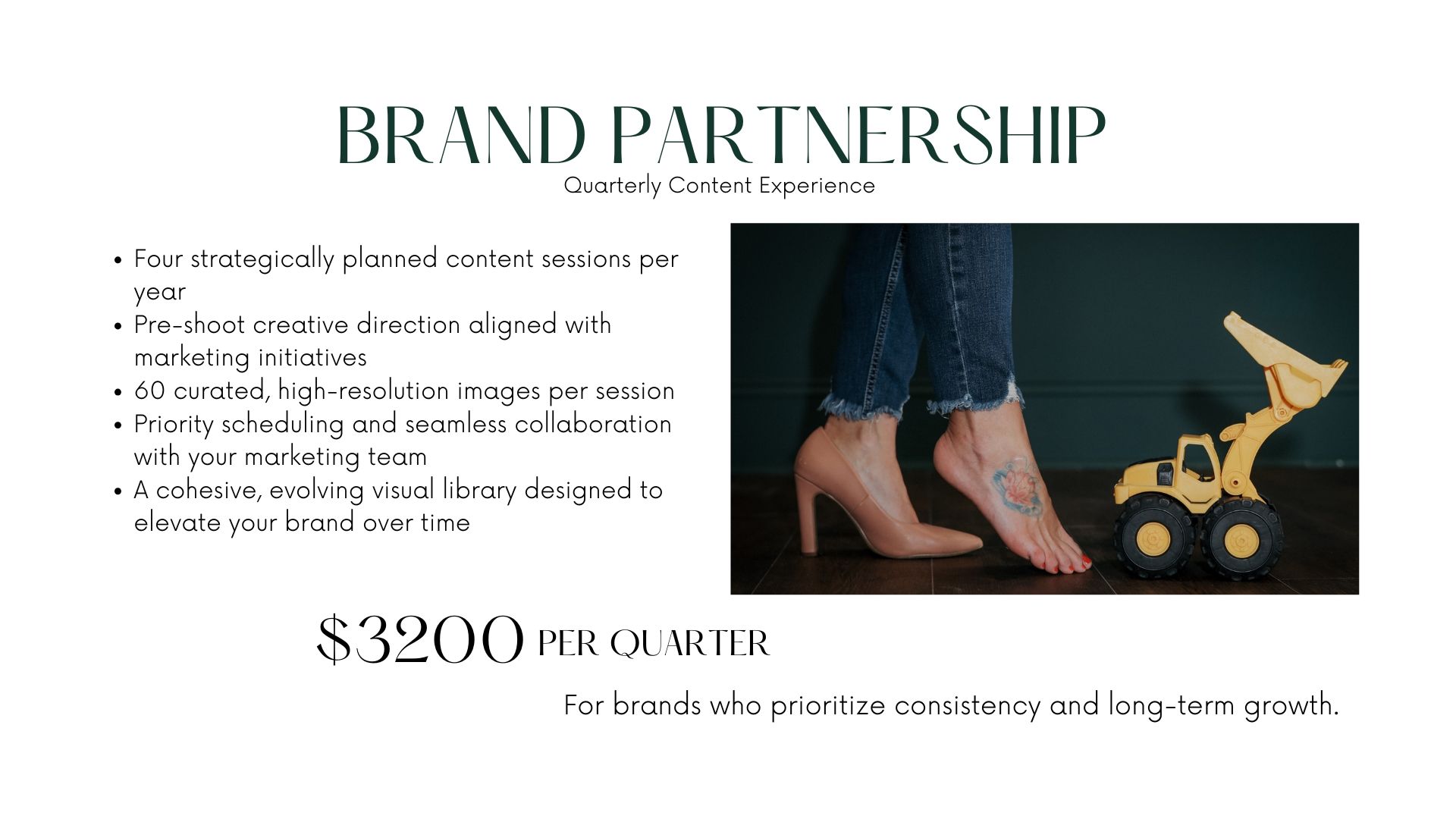 Brand partnership quarterly content experience package priced at $3200 featuring a woman posing barefoot beside a yellow toy excavator.