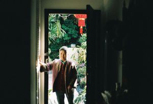 Person standing in an open doorway surrounded by lush greenery and a red Chinese lantern hanging above.