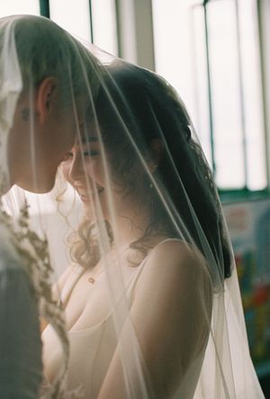 Bride and groom share an intimate moment under a flowing wedding veil in soft natural light.