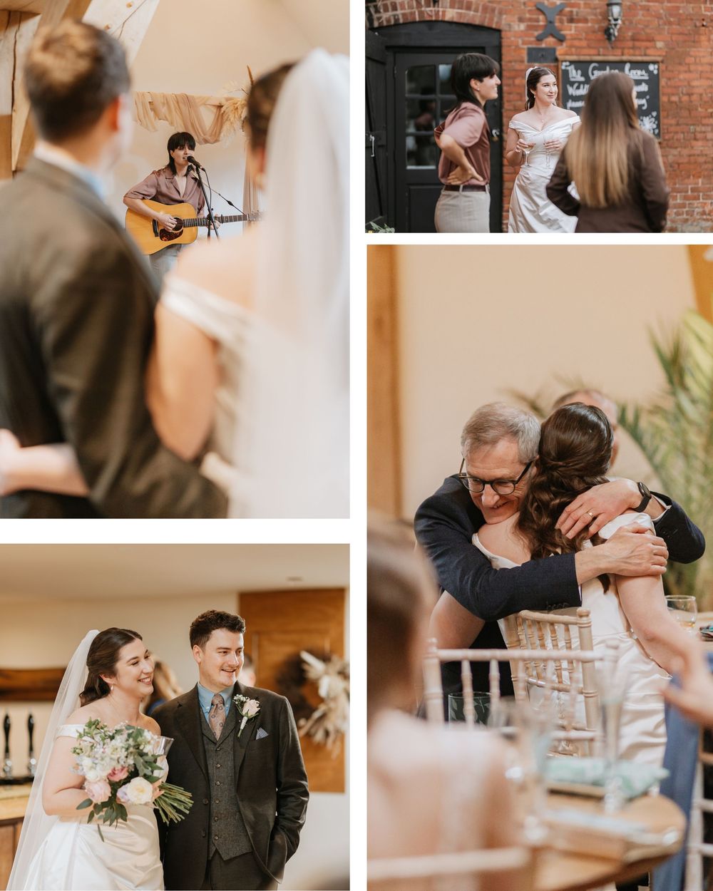 Collage of wedding moments featuring a guitarist performing, couple portraits, heartfelt hugs, and guests celebrating at a rustic venue.