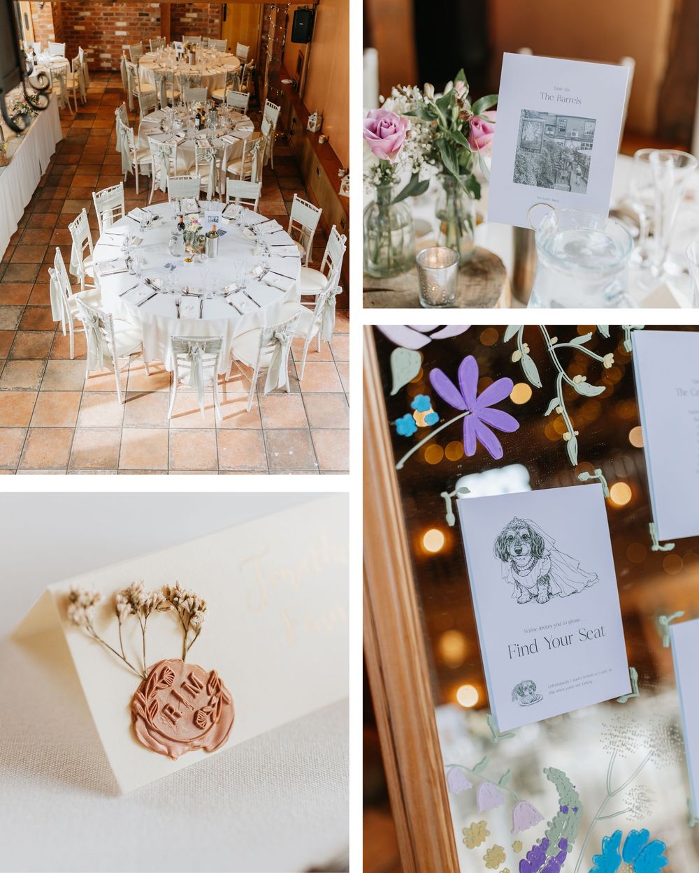 Elegant wedding reception with round tables, floral centerpieces, wax seal stationery, and a charming dog-illustrated find-your-seat sign.