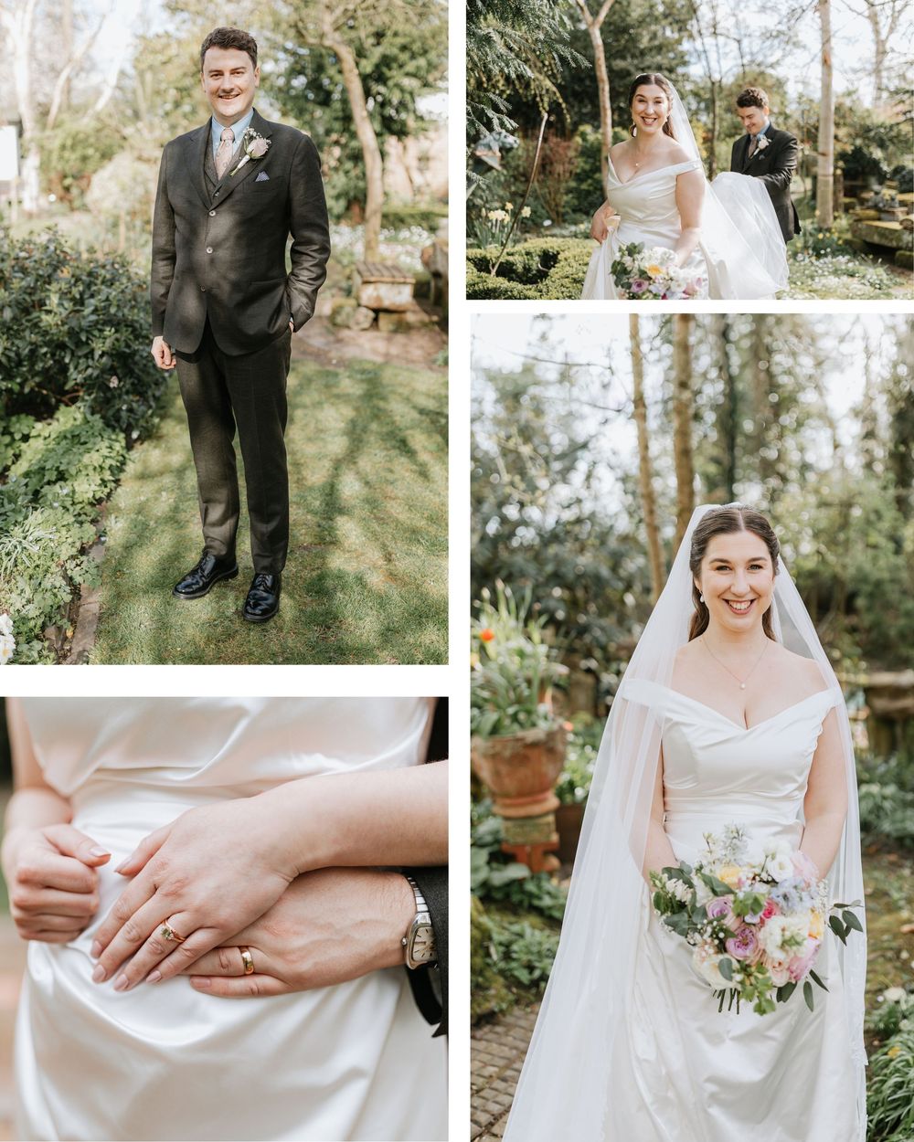 Elegant wedding collage featuring groom in gray suit, bride in white gown with veil, couple in garden, and close-up of wedding rings.
