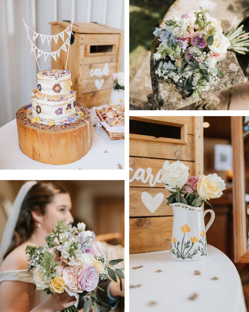 Rustic wedding collage featuring a floral naked cake, colorful bouquets, and a floral vase on a white table.