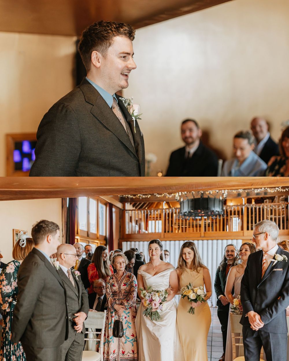 Groom smiling at altar as bride walks down the aisle with wedding party at an elegant indoor ceremony.