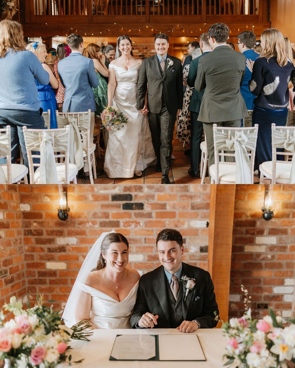 Happy newlyweds walk down the aisle and sign the wedding register at a rustic brick venue.