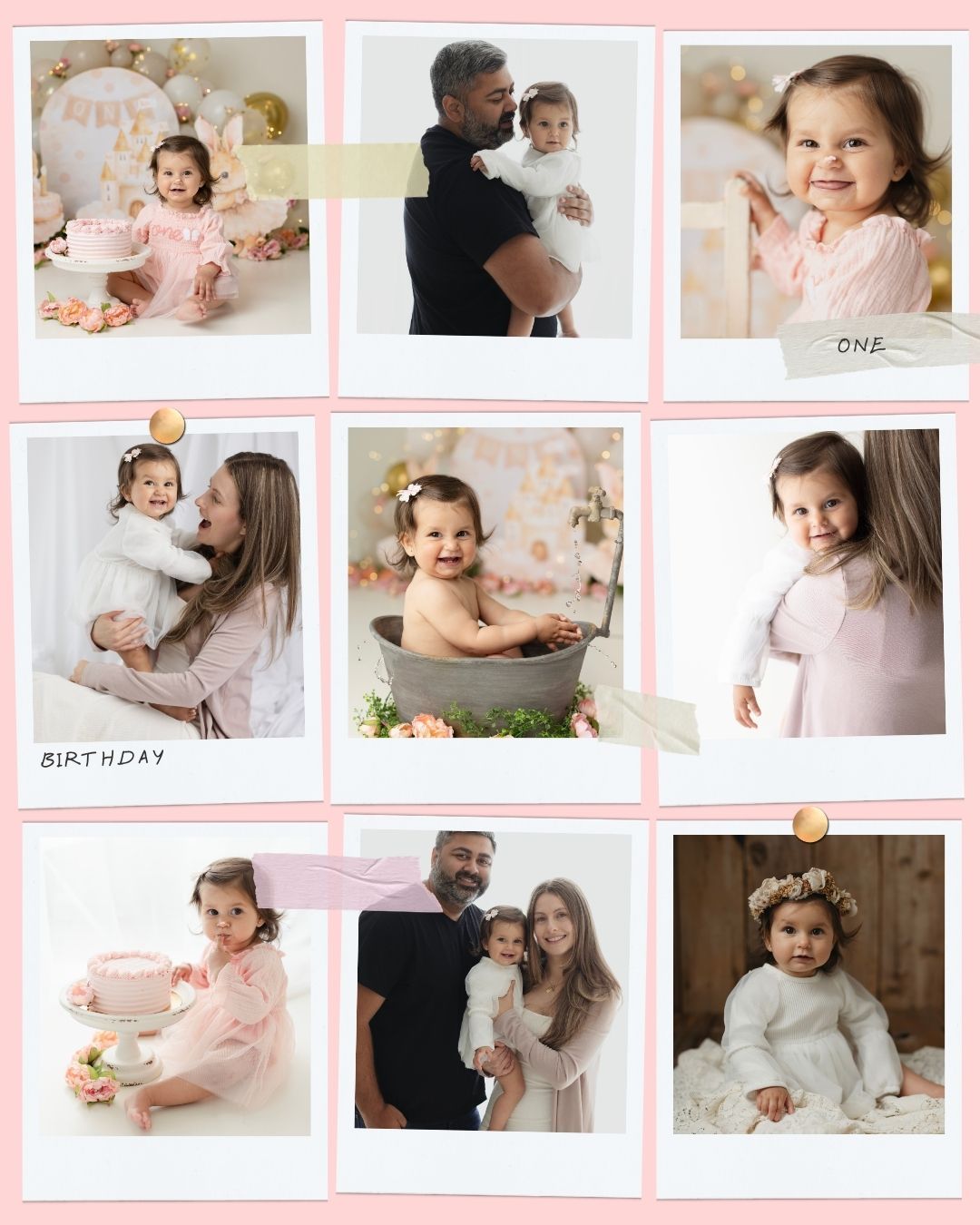 A sweet collage of a baby girl’s first birthday photoshoot featuring family portraits, cake smash, and milestone moments.