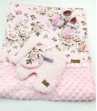 Pink floral baby blanket set with minky dot fabric, matching booties, and stuffed toy on white background.
