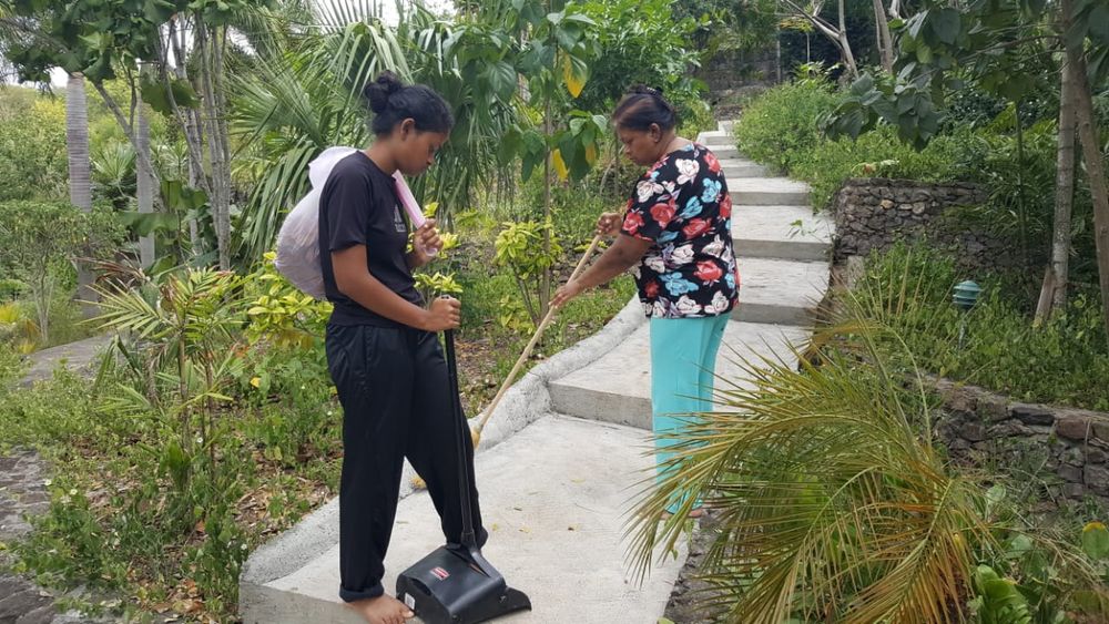 Two people sweeping and tidying a garden path surrounded by tropical plants and palm trees outdoors.