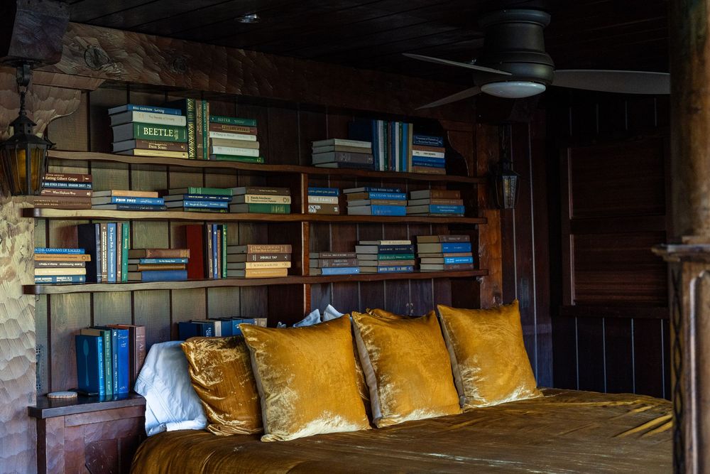 Cozy rustic bedroom with golden velvet pillows on a bed beneath wooden shelves filled with colorful books.