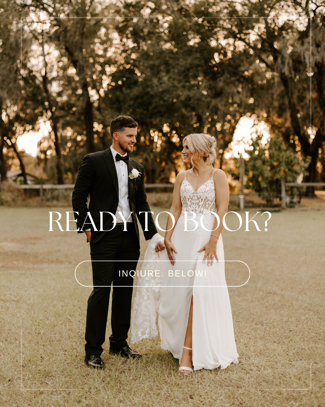Couple dancing in front of arched doorway, bride in white dress, groom in casual white shirt, tropical setting.
